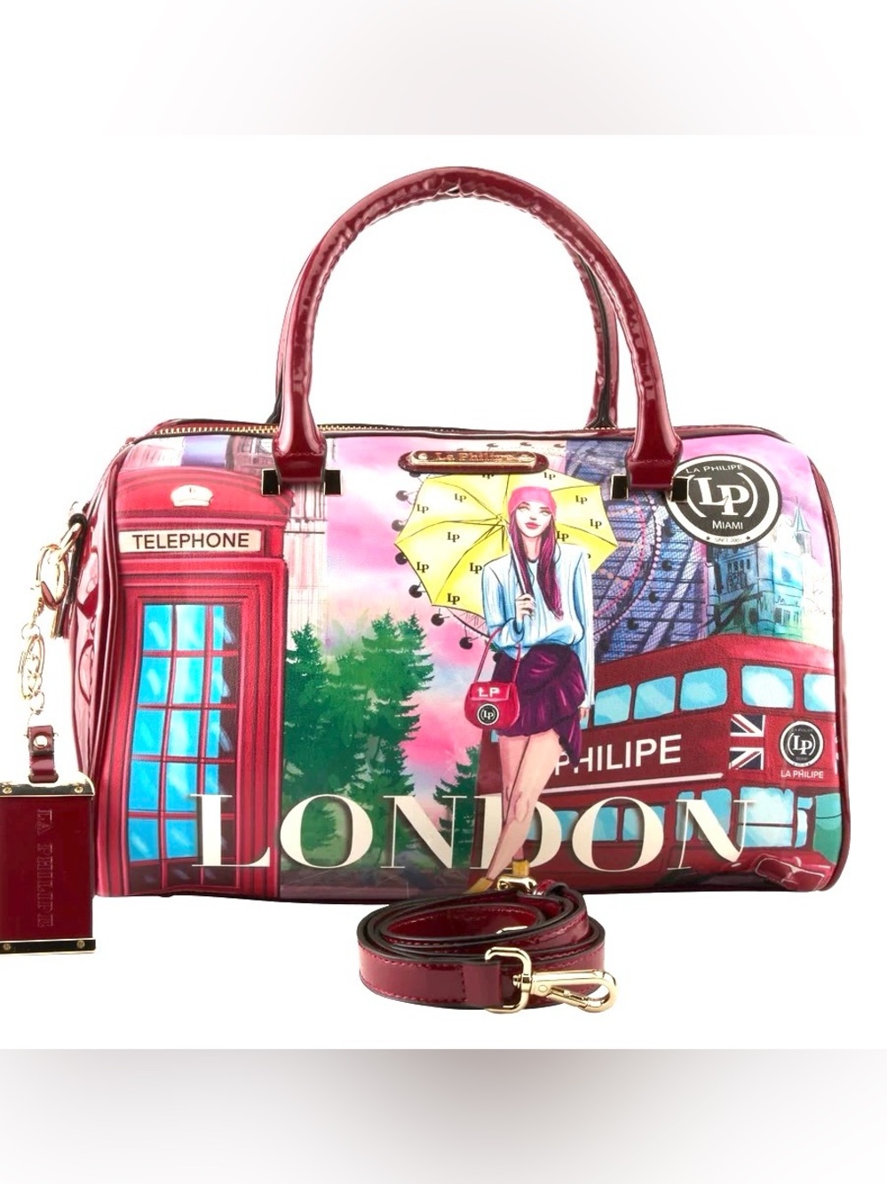 LA PHILIPE Large “Umbrella in London” Bordeaux Satchel - NWT